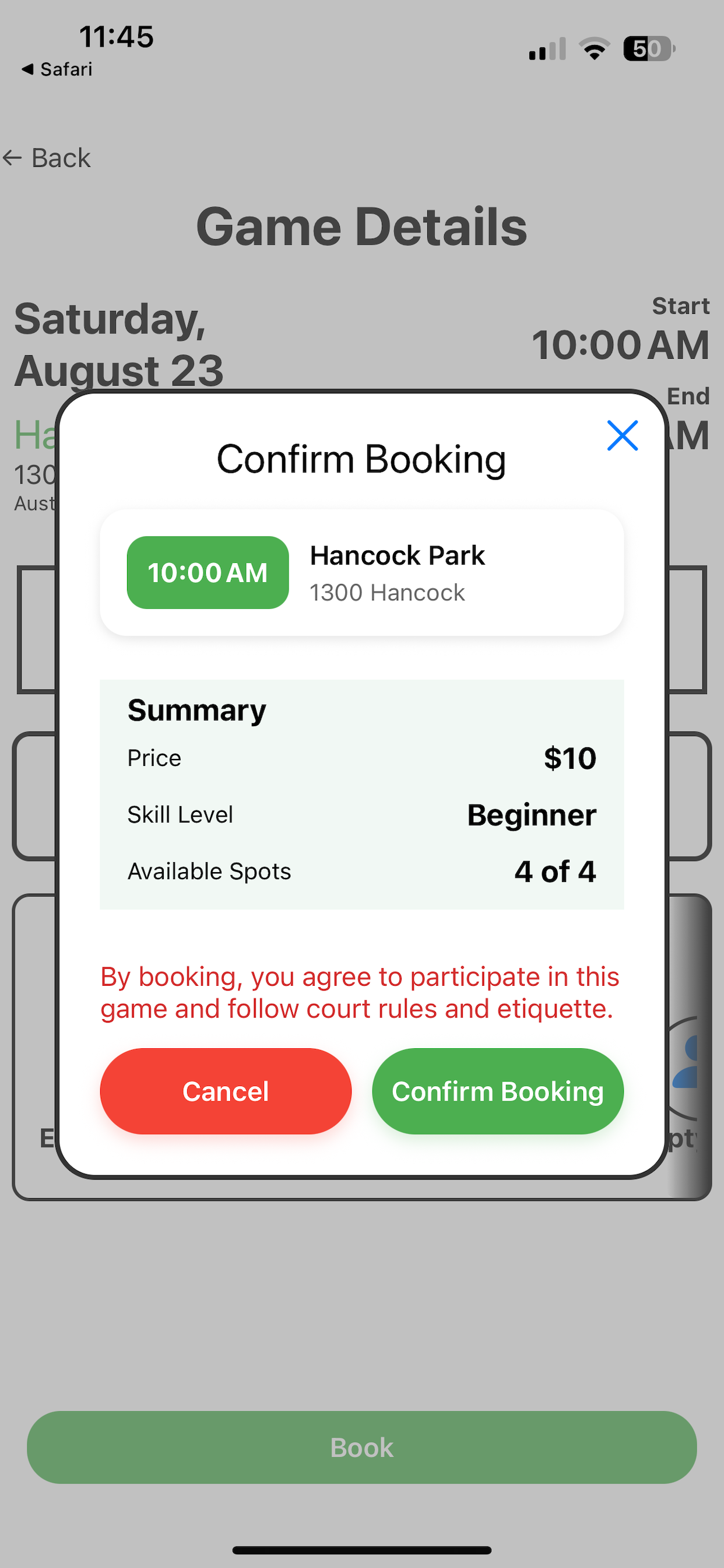 Booking confirmation screen