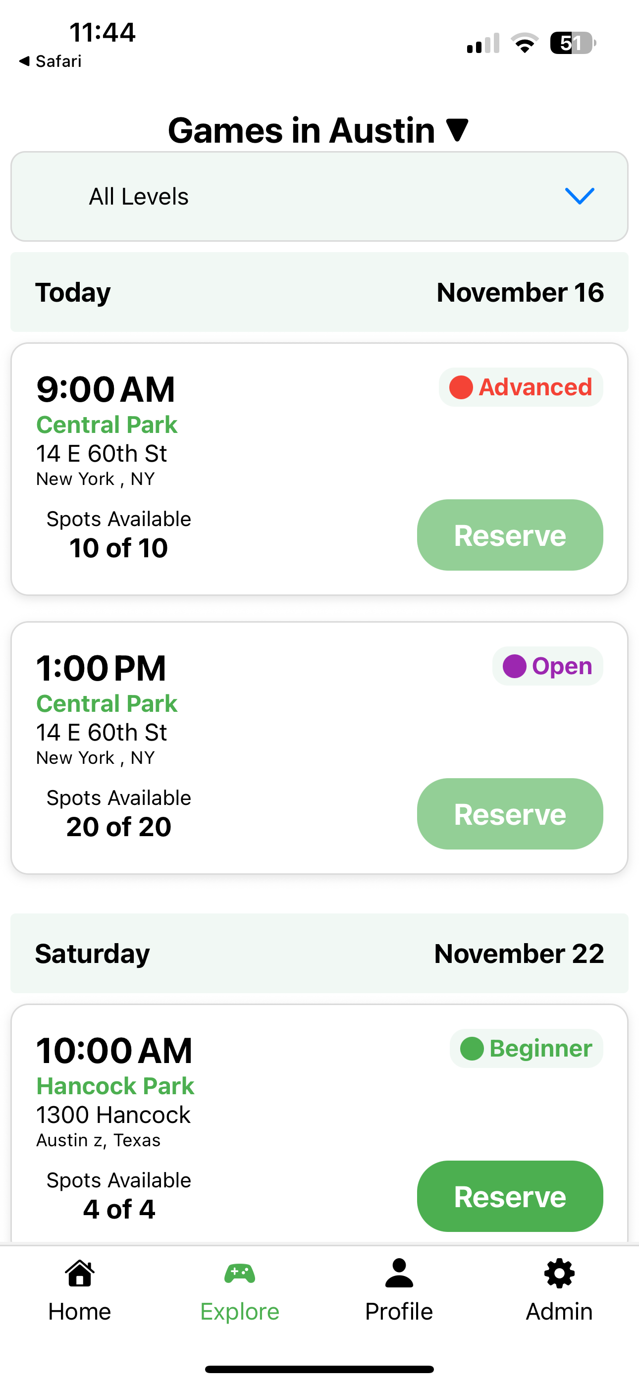 Dinkli game listings screen
