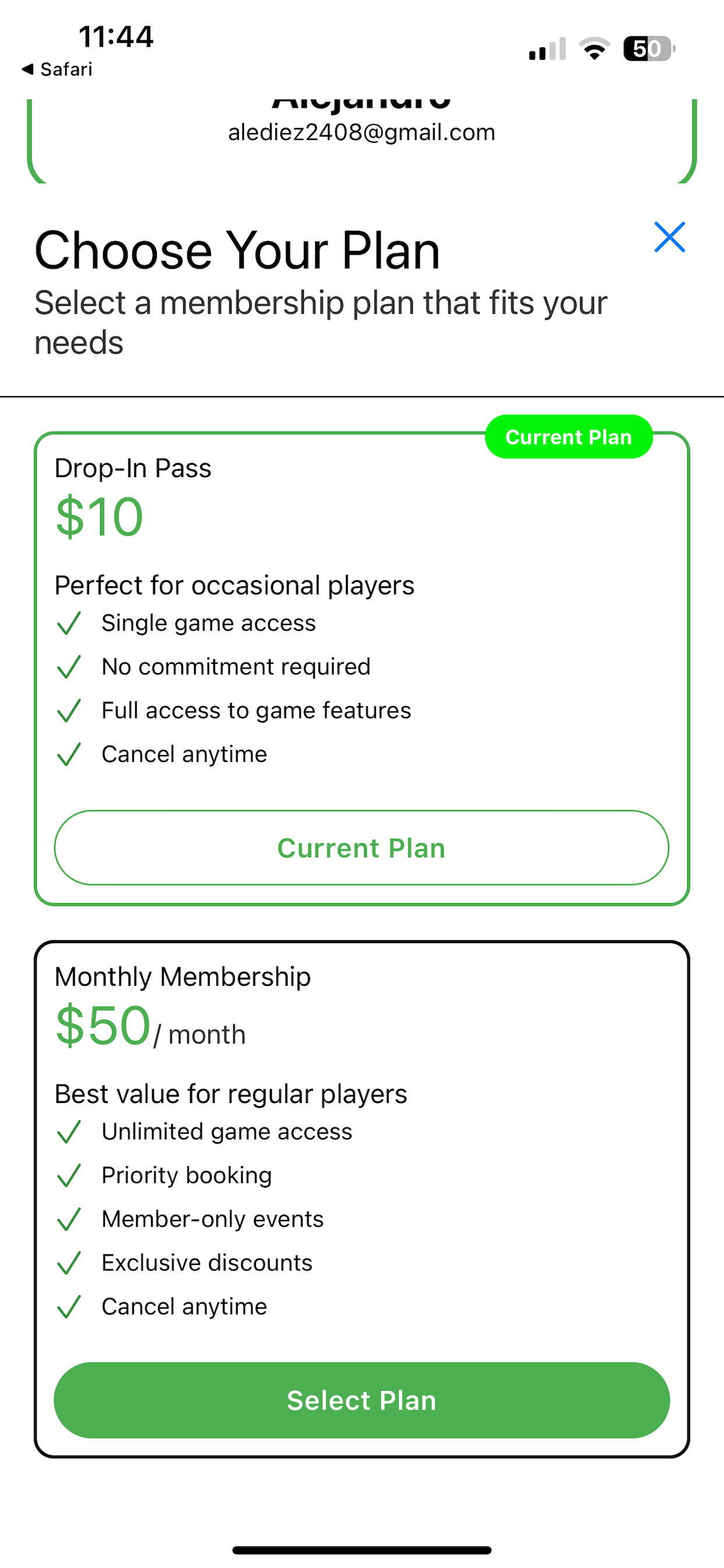 Membership options screen showing one-time and monthly plans