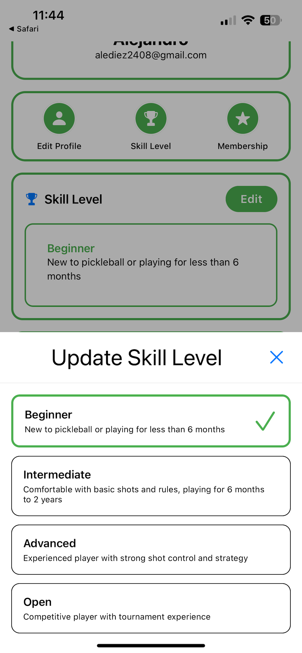 Profile skill level selection screen