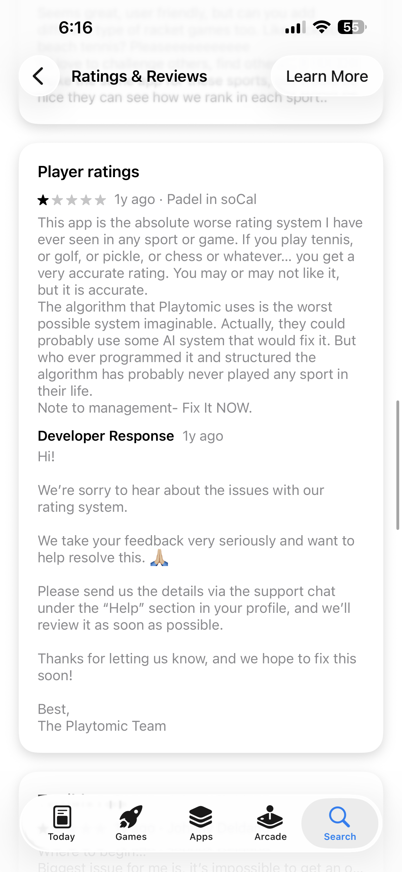App Store review criticizing Playtomic player ratings
